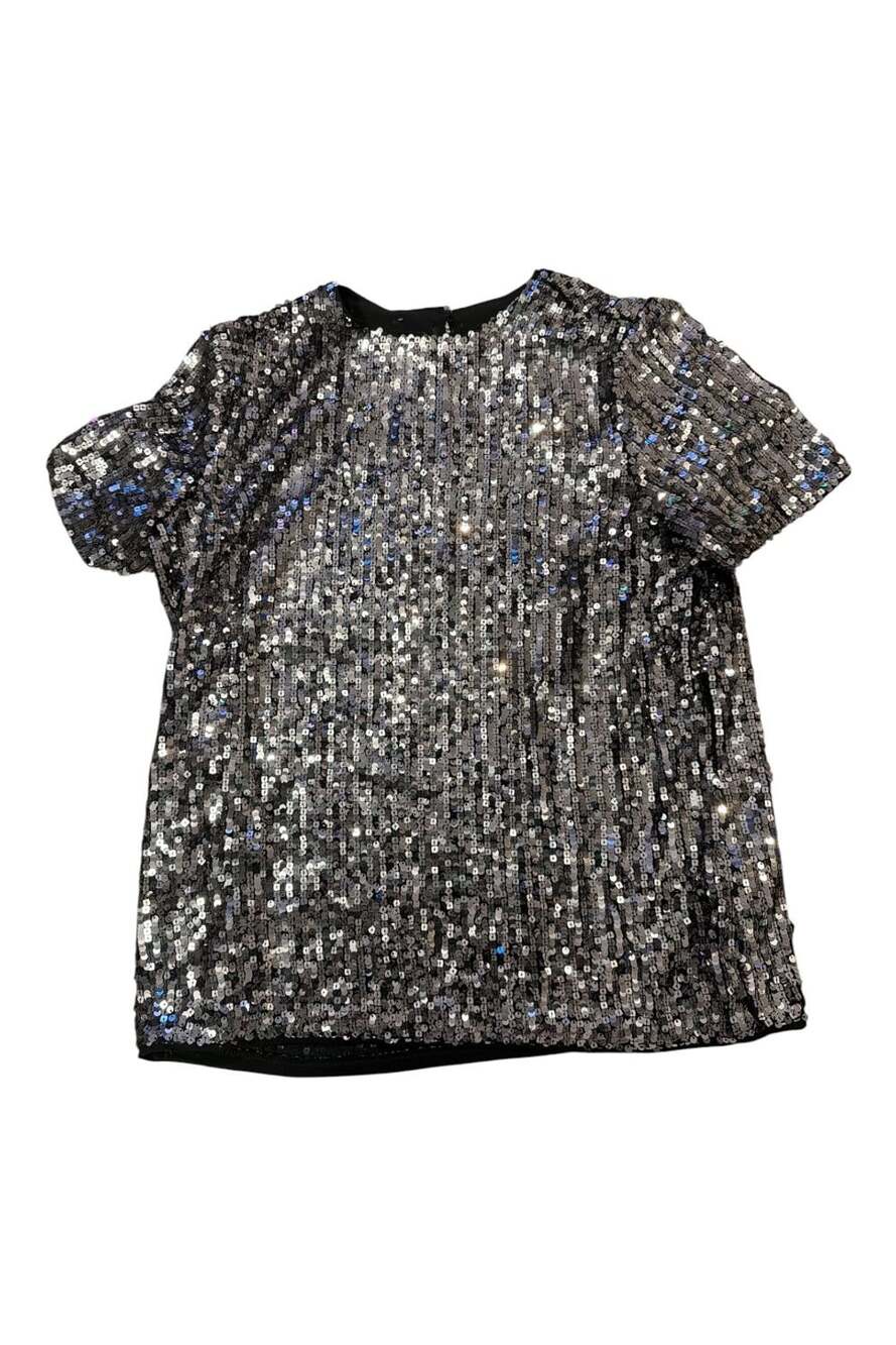 Express Sequin Top Size M Short Sleeve Silver Black Party Shirt